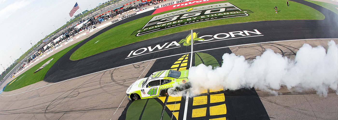 Sam Mayer, driver of the #41 Audibel Ford, celebrates with a burnout after winning the NASCAR Xfinity Series HyVee Perks 250 at Iowa Speedway on August 02, 2025 in Newton, Iowa.