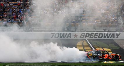 Carson Kvapil, driver of the #1 Bass Pro Shops Chevrolet, celebrates with a burnout after winning the NASCAR O'Reilly Auto Parts Series HyVee Perks 250 at Iowa Speedway on August 08, 2026 in Newton, Iowa. (Photo by Chris Graythen/Getty Images)